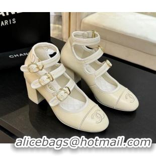 Grade Quality Chanel Calfskin Leather Mary Janes Pumps 7cm with Triple Buckle Ivory White 2025 G46477