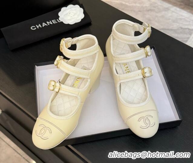 Grade Quality Chanel Calfskin Leather Mary Janes Pumps 7cm with Triple Buckle Ivory White 2025 G46477