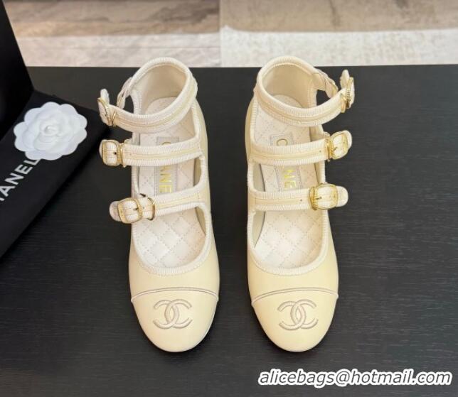 Grade Quality Chanel Calfskin Leather Mary Janes Pumps 7cm with Triple Buckle Ivory White 2025 G46477