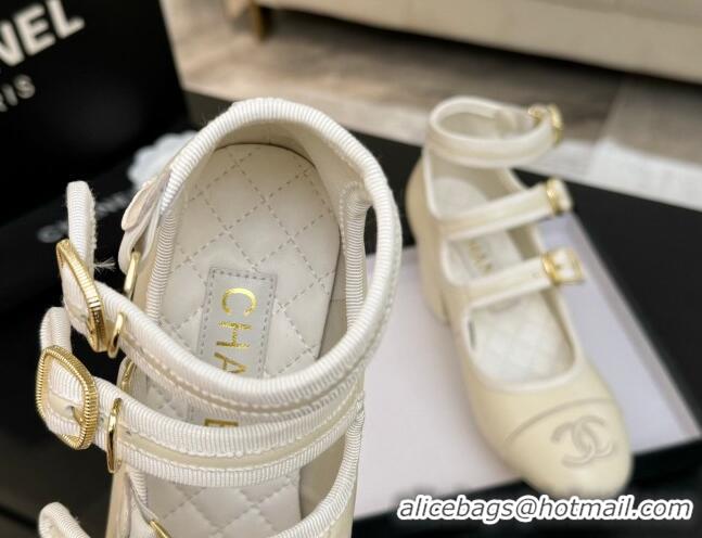 Grade Quality Chanel Calfskin Leather Mary Janes Pumps 7cm with Triple Buckle Ivory White 2025 G46477