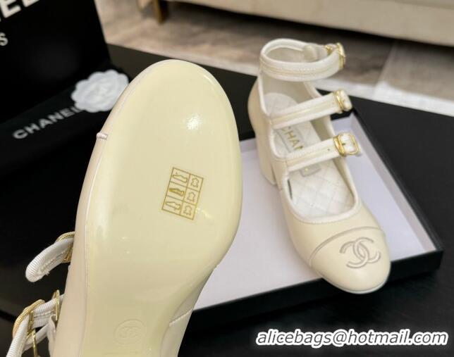 Grade Quality Chanel Calfskin Leather Mary Janes Pumps 7cm with Triple Buckle Ivory White 2025 G46477