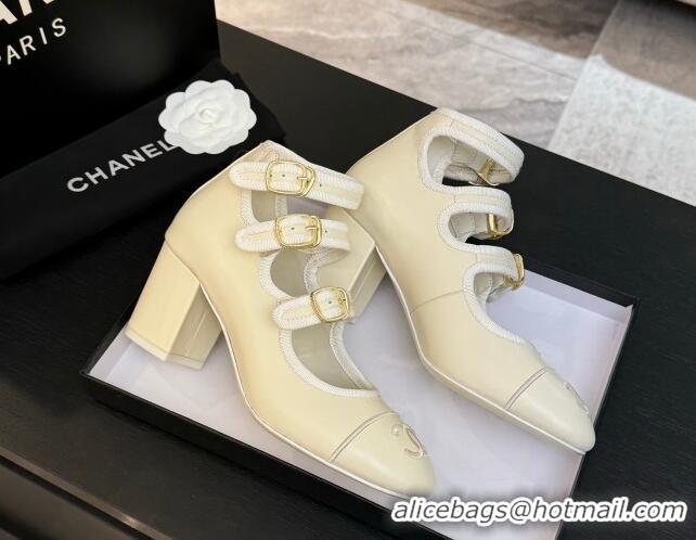 Grade Quality Chanel Calfskin Leather Mary Janes Pumps 7cm with Triple Buckle Ivory White 2025 G46477