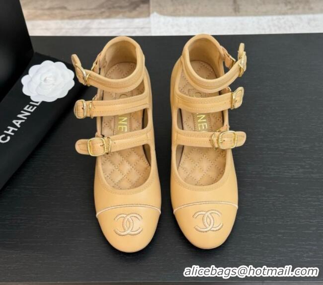 Popular Style Chanel Calfskin Leather Mary Janes Pumps 7cm with Triple Buckle Beige 2025 G46477