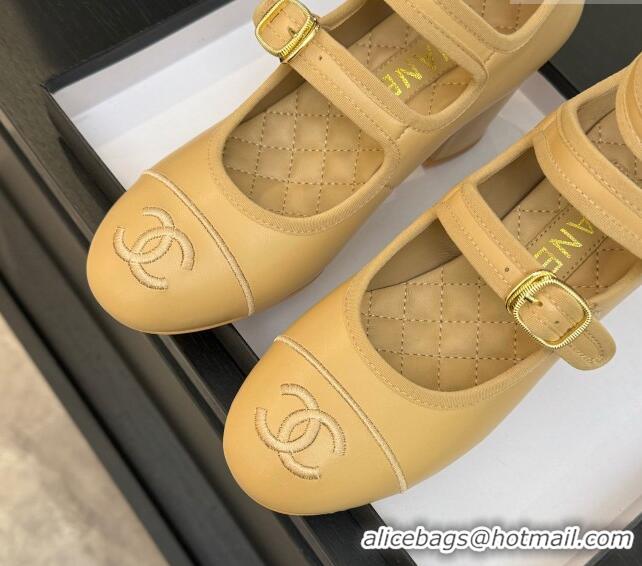 Popular Style Chanel Calfskin Leather Mary Janes Pumps 7cm with Triple Buckle Beige 2025 G46477