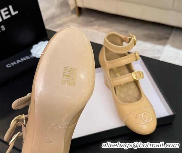 Popular Style Chanel Calfskin Leather Mary Janes Pumps 7cm with Triple Buckle Beige 2025 G46477