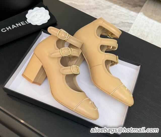 Popular Style Chanel Calfskin Leather Mary Janes Pumps 7cm with Triple Buckle Beige 2025 G46477