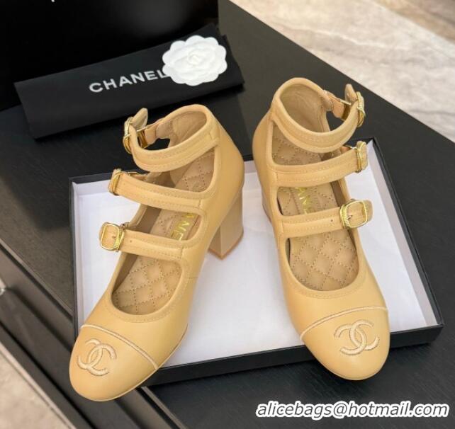 Popular Style Chanel Calfskin Leather Mary Janes Pumps 7cm with Triple Buckle Beige 2025 G46477