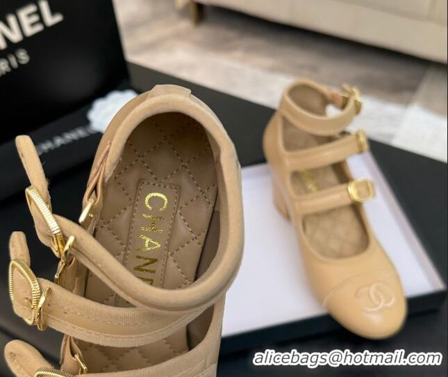 Popular Style Chanel Calfskin Leather Mary Janes Pumps 7cm with Triple Buckle Beige 2025 G46477