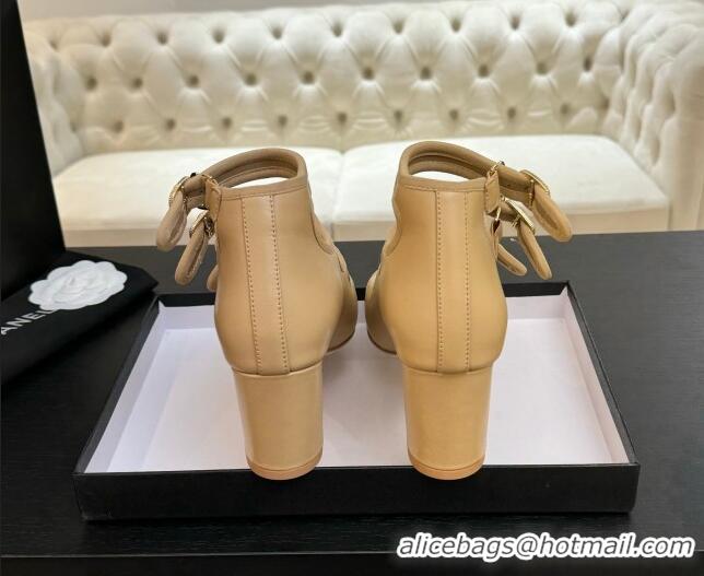 Popular Style Chanel Calfskin Leather Mary Janes Pumps 7cm with Triple Buckle Beige 2025 G46477