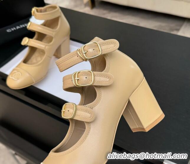 Popular Style Chanel Calfskin Leather Mary Janes Pumps 7cm with Triple Buckle Beige 2025 G46477