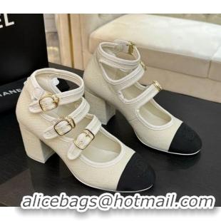 Pretty Style Chanel Fabric & Grosgrain Mary Janes Pumps 7cm with Triple Buckle White 2025 G46477