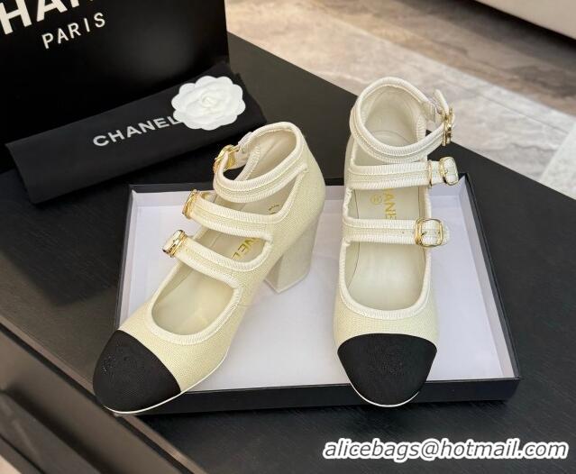 Pretty Style Chanel Fabric & Grosgrain Mary Janes Pumps 7cm with Triple Buckle White 2025 G46477