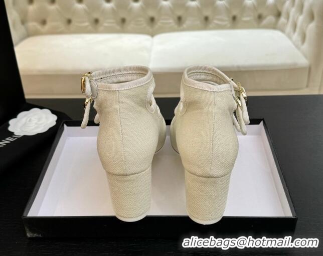 Pretty Style Chanel Fabric & Grosgrain Mary Janes Pumps 7cm with Triple Buckle White 2025 G46477