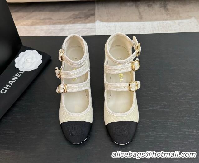 Pretty Style Chanel Fabric & Grosgrain Mary Janes Pumps 7cm with Triple Buckle White 2025 G46477