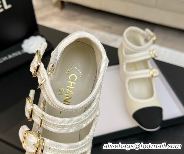 Pretty Style Chanel Fabric & Grosgrain Mary Janes Pumps 7cm with Triple Buckle White 2025 G46477