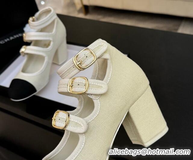 Pretty Style Chanel Fabric & Grosgrain Mary Janes Pumps 7cm with Triple Buckle White 2025 G46477