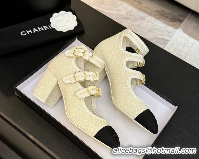 Pretty Style Chanel Fabric & Grosgrain Mary Janes Pumps 7cm with Triple Buckle White 2025 G46477