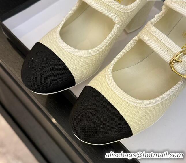 Pretty Style Chanel Fabric & Grosgrain Mary Janes Pumps 7cm with Triple Buckle White 2025 G46477