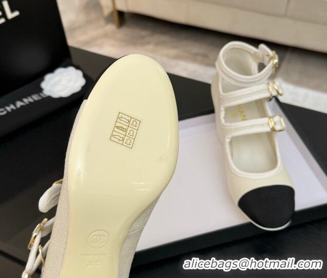 Pretty Style Chanel Fabric & Grosgrain Mary Janes Pumps 7cm with Triple Buckle White 2025 G46477