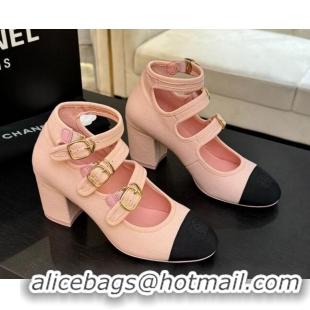 Unique Style Chanel Fabric & Grosgrain Mary Janes Pumps 7cm with Triple Buckle Light Pink 2025 G46477