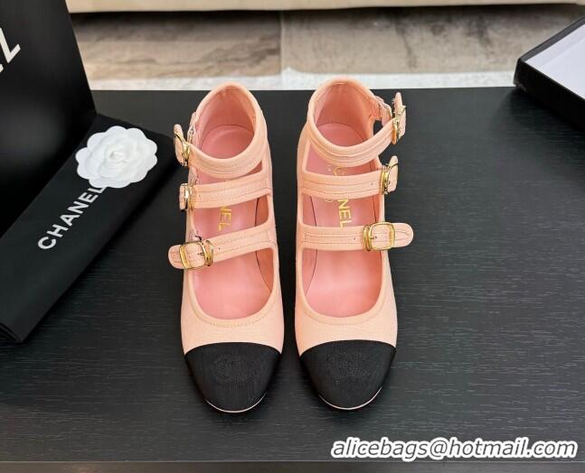 Unique Style Chanel Fabric & Grosgrain Mary Janes Pumps 7cm with Triple Buckle Light Pink 2025 G46477