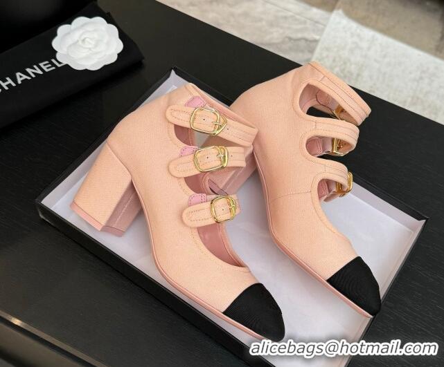 Unique Style Chanel Fabric & Grosgrain Mary Janes Pumps 7cm with Triple Buckle Light Pink 2025 G46477