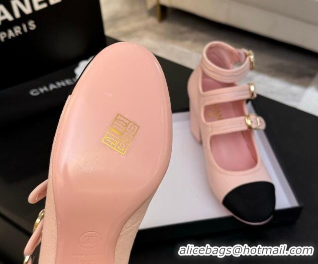 Unique Style Chanel Fabric & Grosgrain Mary Janes Pumps 7cm with Triple Buckle Light Pink 2025 G46477