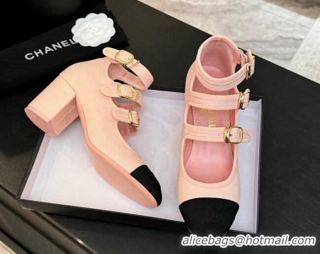Unique Style Chanel Fabric & Grosgrain Mary Janes Pumps 7cm with Triple Buckle Light Pink 2025 G46477