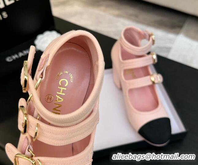 Unique Style Chanel Fabric & Grosgrain Mary Janes Pumps 7cm with Triple Buckle Light Pink 2025 G46477