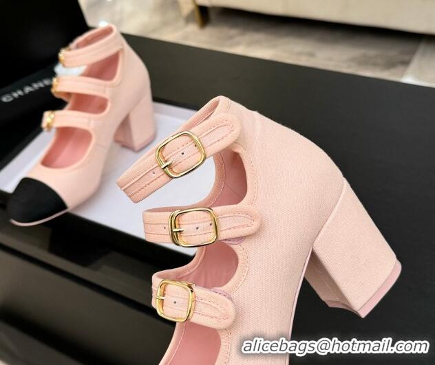 Unique Style Chanel Fabric & Grosgrain Mary Janes Pumps 7cm with Triple Buckle Light Pink 2025 G46477