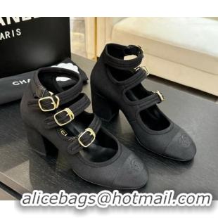 Top Design Chanel Fabric & Grosgrain Mary Janes Pumps 7cm with Triple Buckle Black 2025 G46477