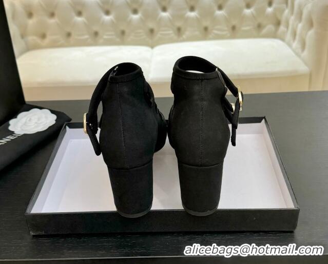 Top Design Chanel Fabric & Grosgrain Mary Janes Pumps 7cm with Triple Buckle Black 2025 G46477