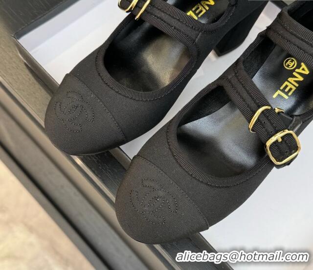 Top Design Chanel Fabric & Grosgrain Mary Janes Pumps 7cm with Triple Buckle Black 2025 G46477