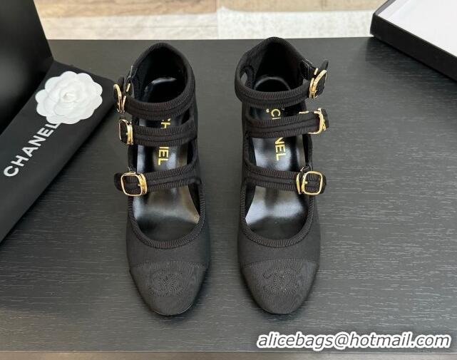 Top Design Chanel Fabric & Grosgrain Mary Janes Pumps 7cm with Triple Buckle Black 2025 G46477