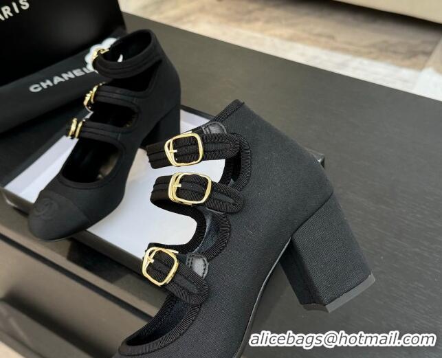 Top Design Chanel Fabric & Grosgrain Mary Janes Pumps 7cm with Triple Buckle Black 2025 G46477