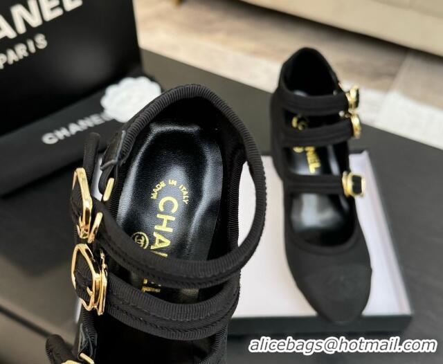 Top Design Chanel Fabric & Grosgrain Mary Janes Pumps 7cm with Triple Buckle Black 2025 G46477