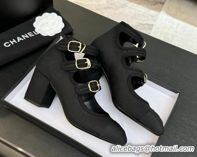 Top Design Chanel Fabric & Grosgrain Mary Janes Pumps 7cm with Triple Buckle Black 2025 G46477