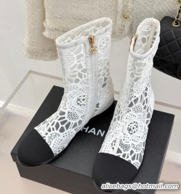 Cheap Price Chanel Lace Flat Ankle Boots White 2025 CH041619