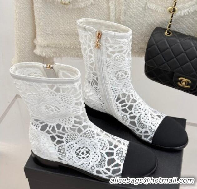 Cheap Price Chanel Lace Flat Ankle Boots White 2025 CH041619
