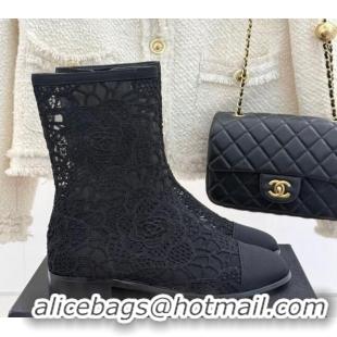 Hot Style Chanel Lace Flat Ankle Boots Black 2025 CH041619