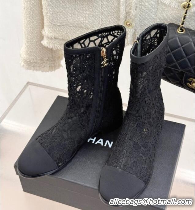Hot Style Chanel Lace Flat Ankle Boots Black 2025 CH041619