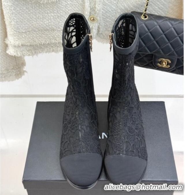 Hot Style Chanel Lace Flat Ankle Boots Black 2025 CH041619