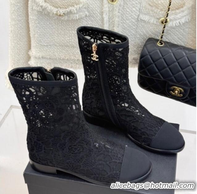 Hot Style Chanel Lace Flat Ankle Boots Black 2025 CH041619