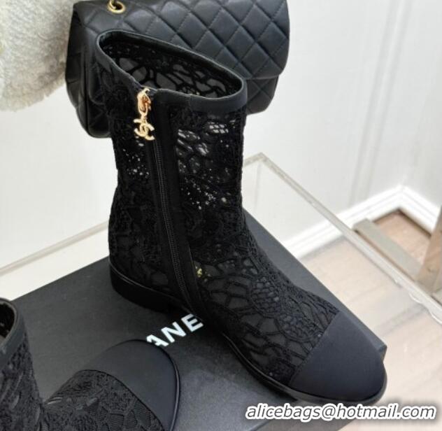 Hot Style Chanel Lace Flat Ankle Boots Black 2025 CH041619