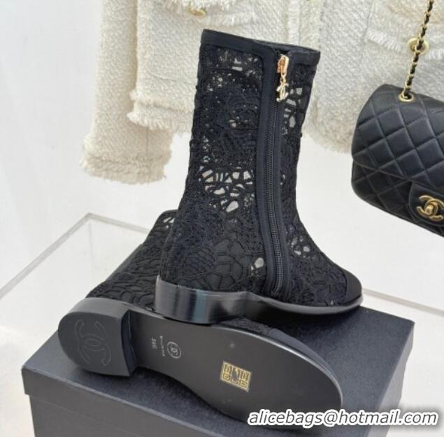 Hot Style Chanel Lace Flat Ankle Boots Black 2025 CH041619