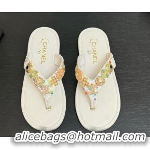 Good Looking Chanel Tweed Flat Thong Slide Sandals with Charm White 2025 G46304