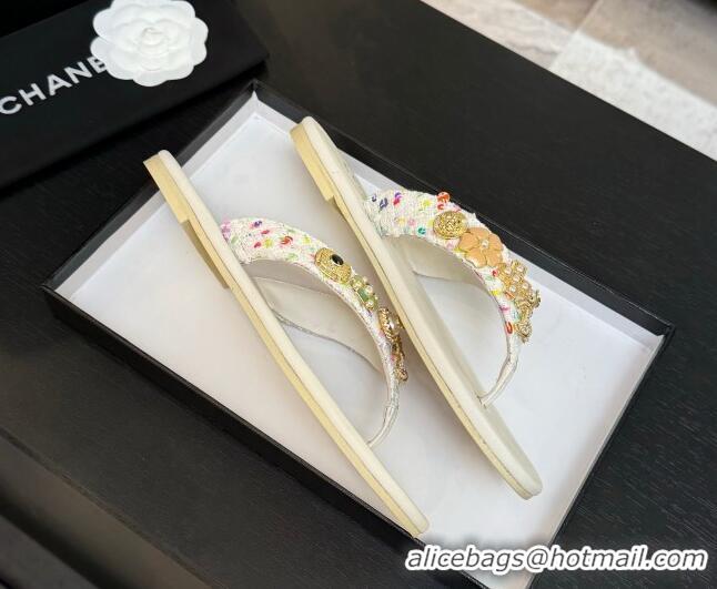 Good Looking Chanel Tweed Flat Thong Slide Sandals with Charm White 2025 G46304