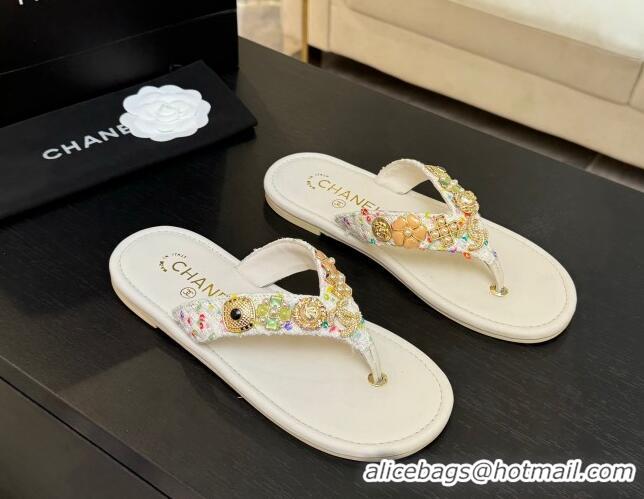 Good Looking Chanel Tweed Flat Thong Slide Sandals with Charm White 2025 G46304