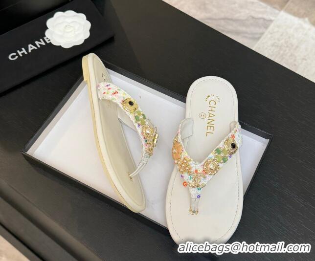 Good Looking Chanel Tweed Flat Thong Slide Sandals with Charm White 2025 G46304