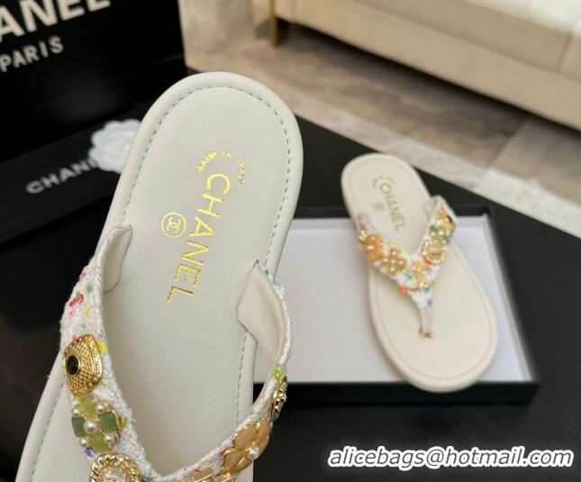 Good Looking Chanel Tweed Flat Thong Slide Sandals with Charm White 2025 G46304
